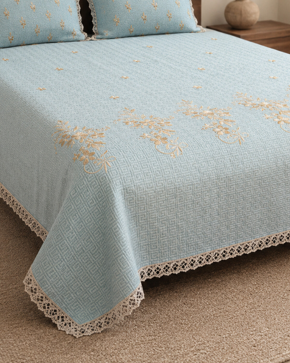 Sky Marigold Embroidered Cotton Bedspread Set – 3 Piece – border and fabric detail