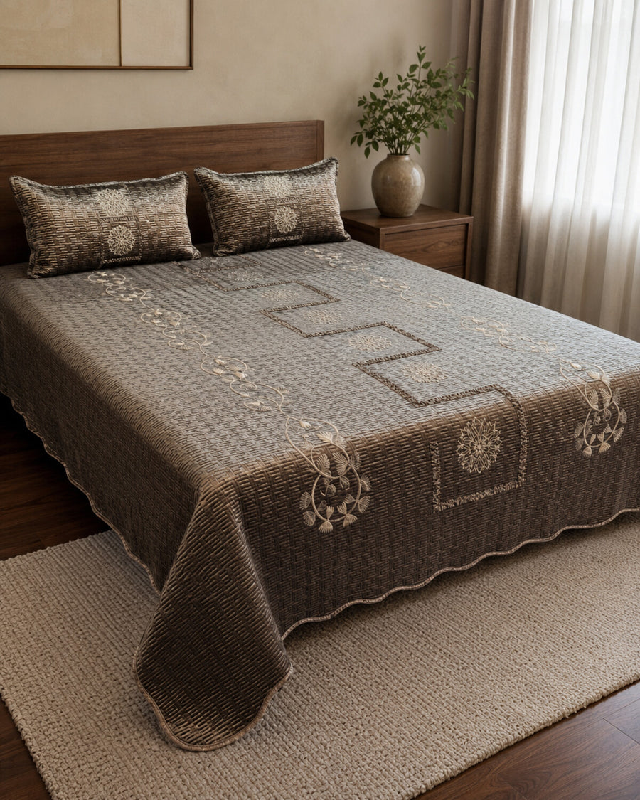 Smoky Taupe Embroidered Velvet Bedspread Set – 3 Piece – hero view