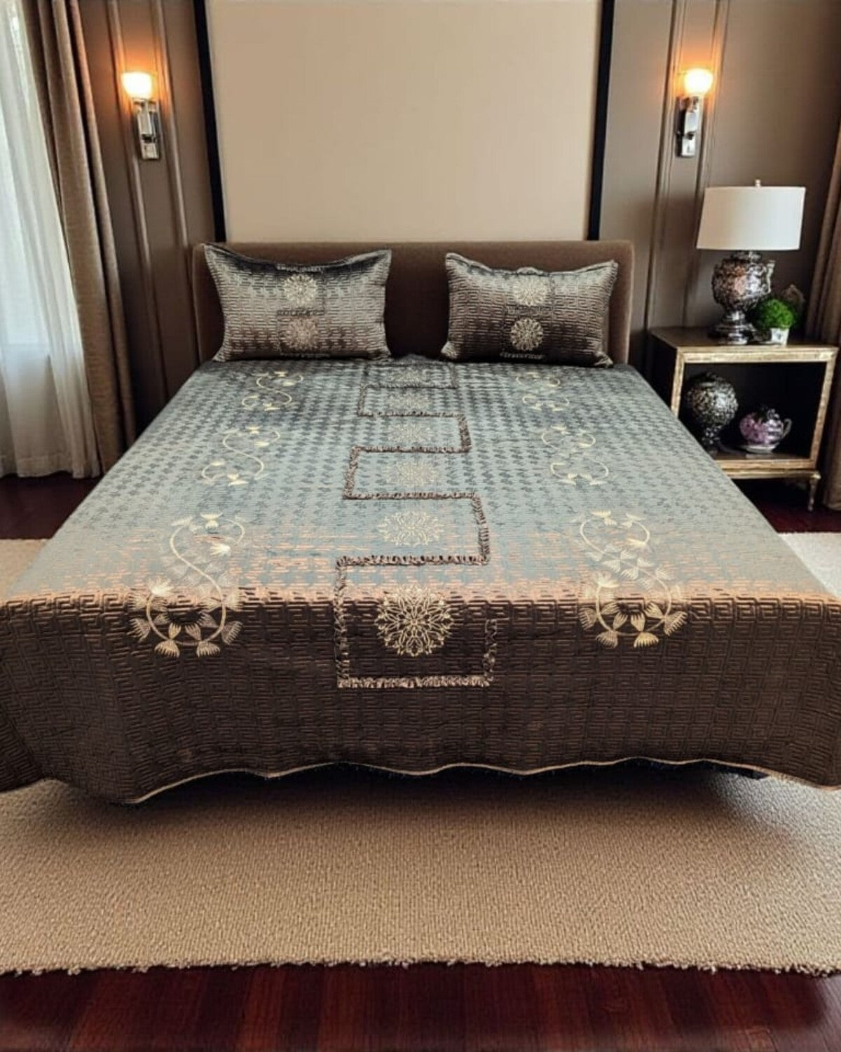 Smoky Taupe Embroidered Velvet Bedspread Set – 3 Piece – room view