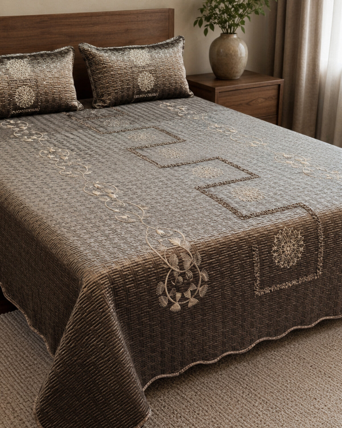 Smoky Taupe Embroidered Velvet Bedspread Set – 3 Piece – pattern detail