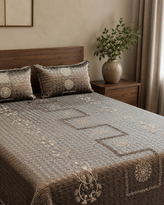 Smoky Taupe Embroidered Velvet Bedspread Set – 3 Piece – pillow detail