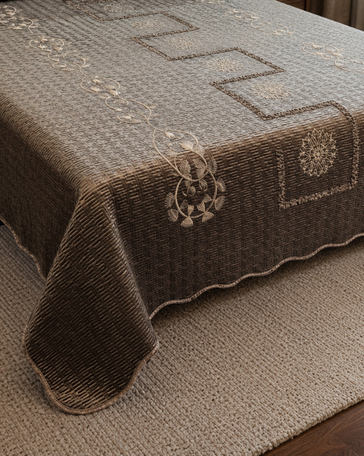 Smoky Taupe Embroidered Velvet Bedspread Set – 3 Piece – border and fabric detail
