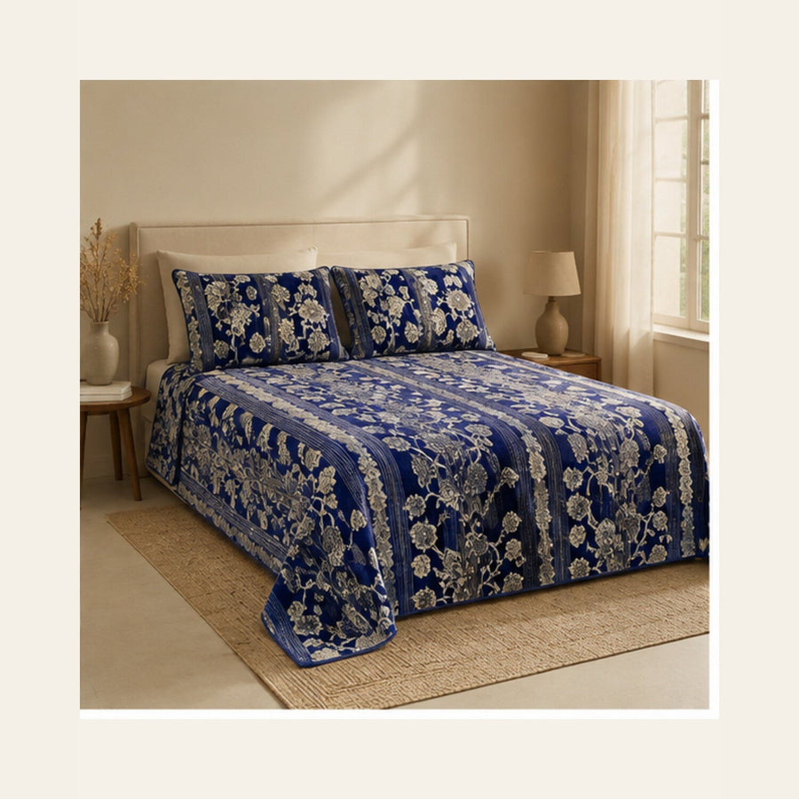 Royal Blue Botanical Stripe Velvet Jacquard Bedsheet Set – 4 Piece — lifestyle hero