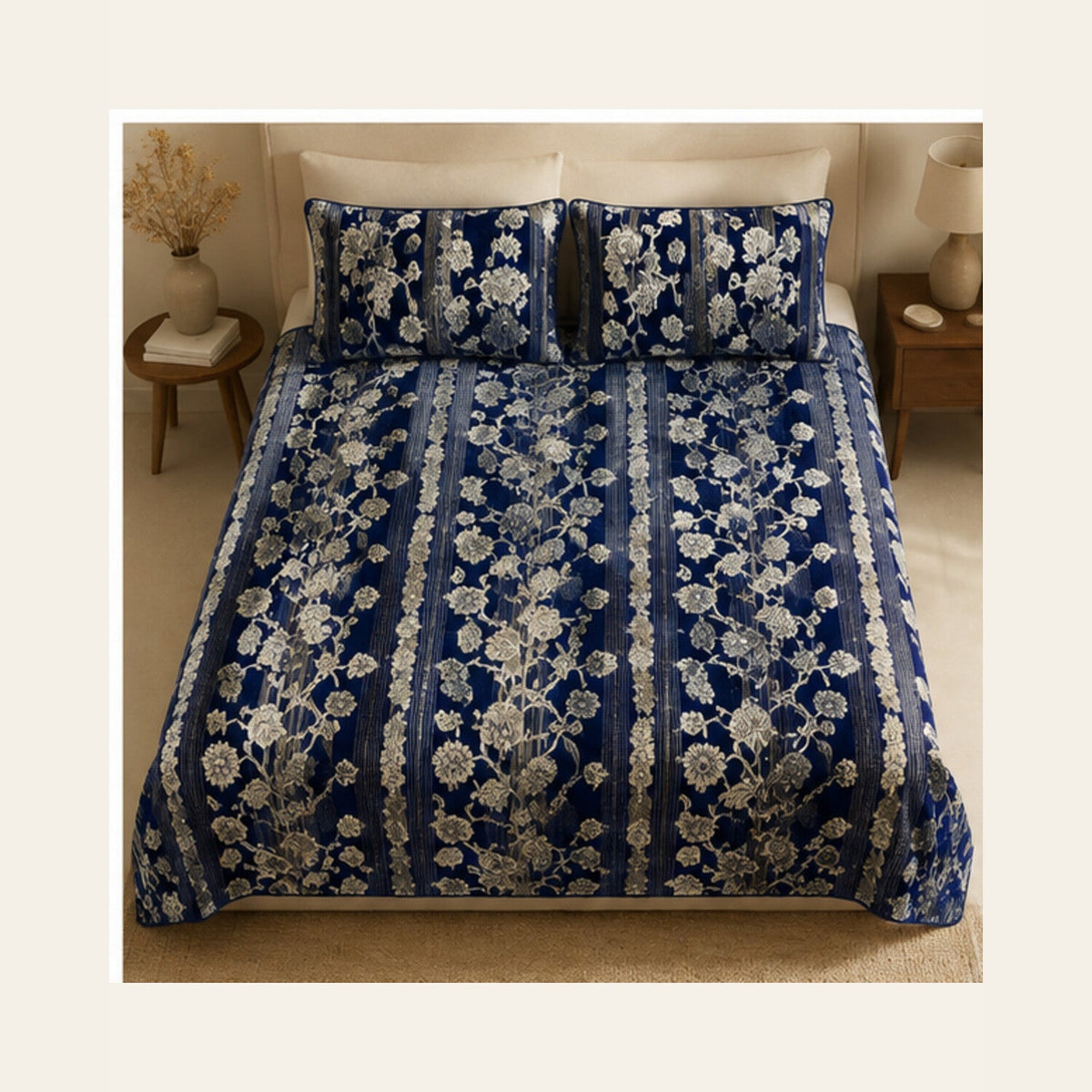 Royal Blue Botanical Stripe Velvet Jacquard Bedsheet Set – 4 Piece — overhead view