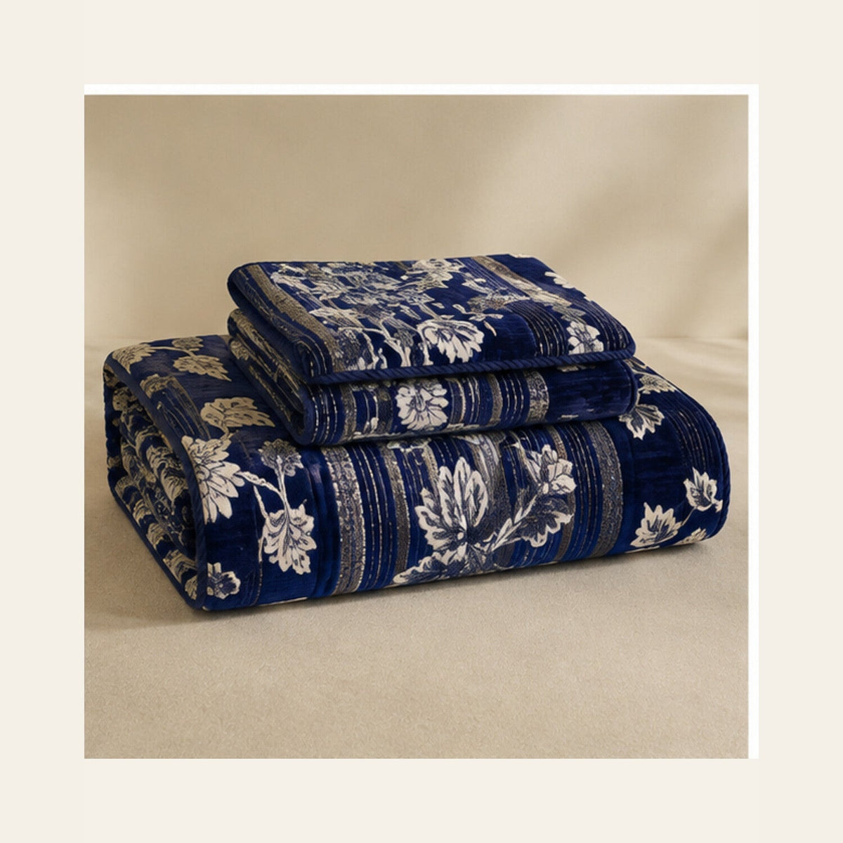 Royal Blue Botanical Stripe Velvet Jacquard Bedsheet Set – 4 Piece — folded set