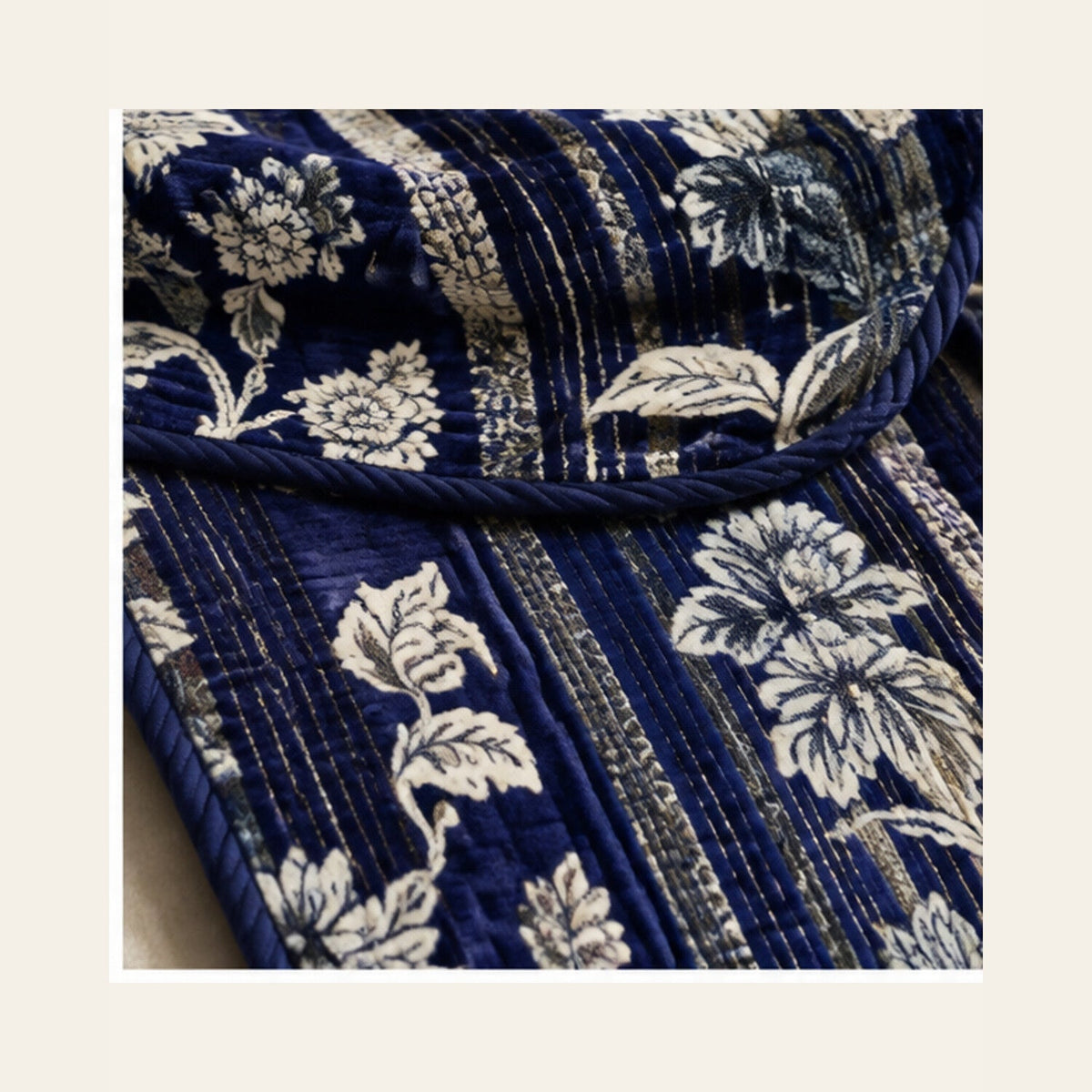 Royal Blue Botanical Stripe Velvet Jacquard Bedsheet Set – 4 Piece — velvet jacquard detail