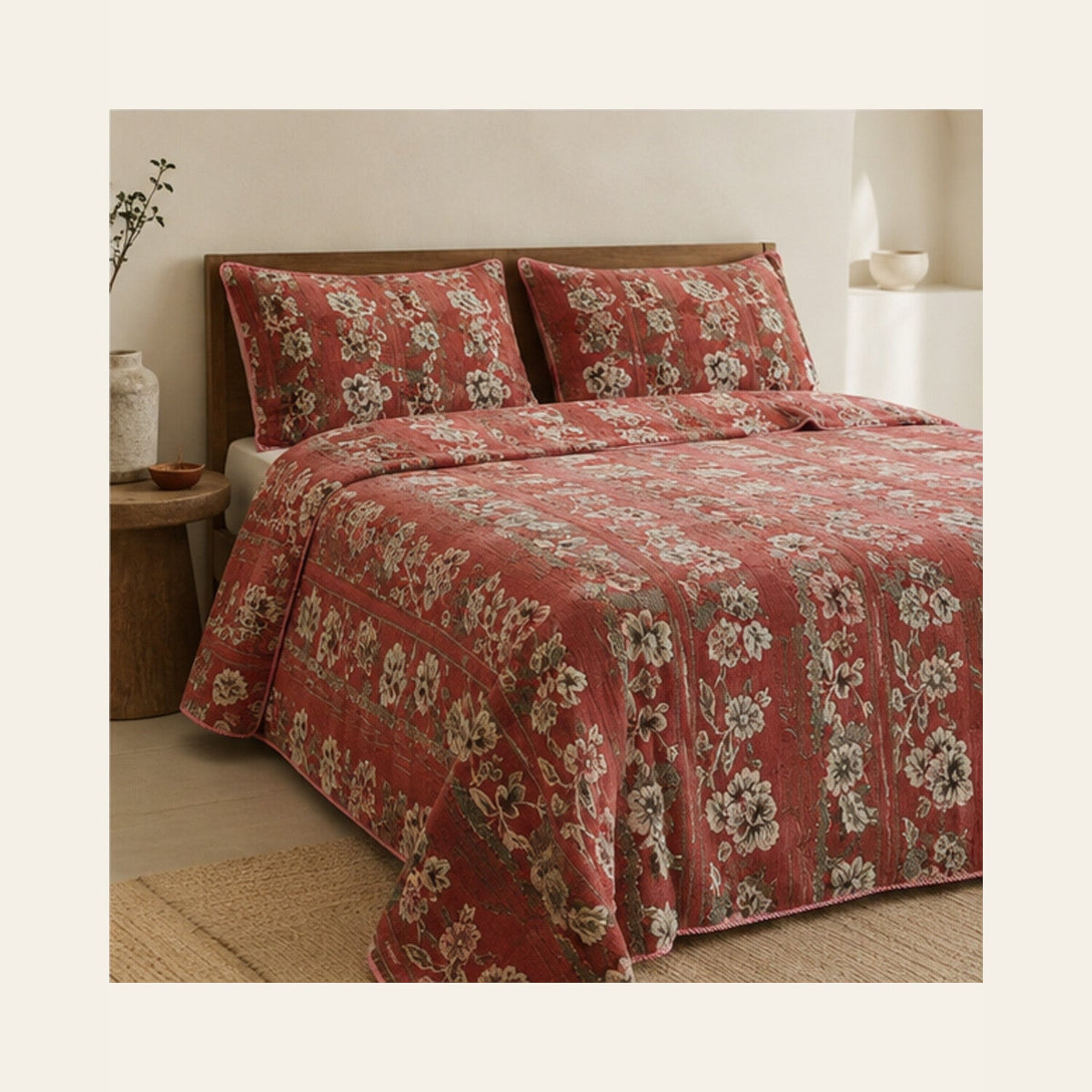 Coral Rose Botanical Stripe Velvet Jacquard Bedsheet Set – 4 Piece — lifestyle hero