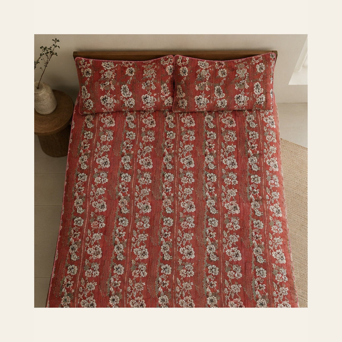 Coral Rose Botanical Stripe Velvet Jacquard Bedsheet Set – 4 Piece — overhead view