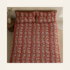 Coral Rose Botanical Stripe Velvet Jacquard Bedsheet Set – 4 Piece — overhead view