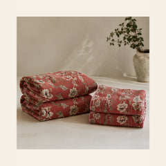 Coral Rose Botanical Stripe Velvet Jacquard Bedsheet Set – 4 Piece — folded set