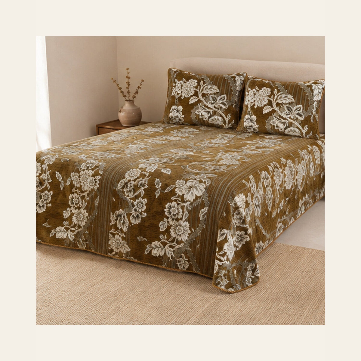 Antique Gold Botanical Stripe Velvet Jacquard Bedsheet Set – 4 Piece — lifestyle hero