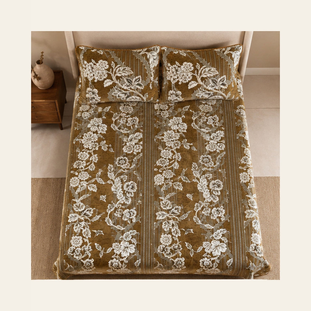 Antique Gold Botanical Stripe Velvet Jacquard Bedsheet Set – 4 Piece — overhead view