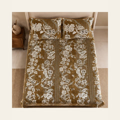 Antique Gold Botanical Stripe Velvet Jacquard Bedsheet Set – 4 Piece — overhead view