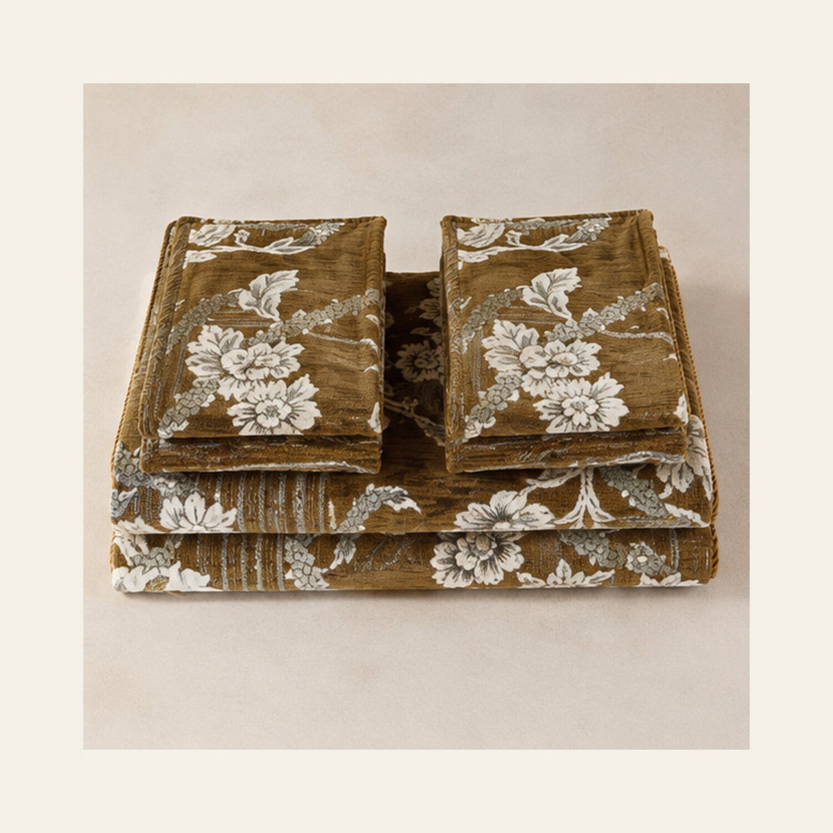 Antique Gold Botanical Stripe Velvet Jacquard Bedsheet Set – 4 Piece — folded set