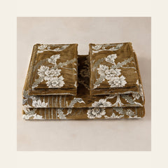 Antique Gold Botanical Stripe Velvet Jacquard Bedsheet Set – 4 Piece — folded set