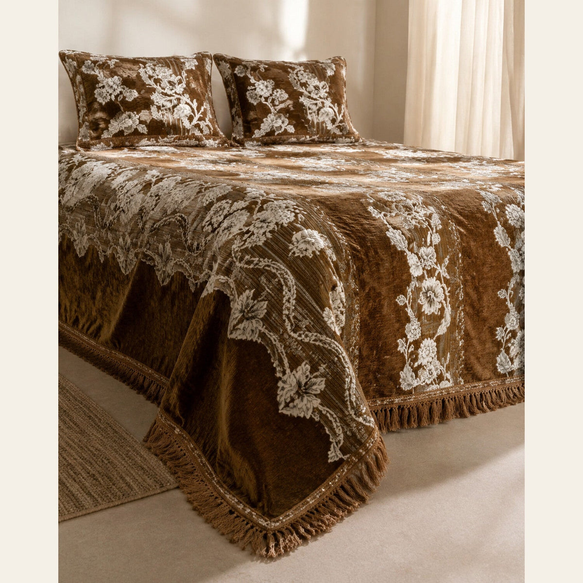 Antique Gold Botanical Stripe Velvet Jacquard Bedsheet Set – 4 Piece — foot-corner drape angle