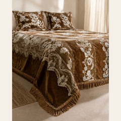 Antique Gold Botanical Stripe Velvet Jacquard Bedsheet Set – 4 Piece — foot-corner drape angle