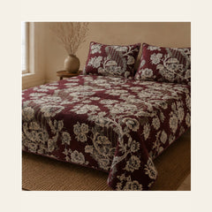 Wine Maroon Botanical Stripe Velvet Jacquard Bedsheet Set – 4 Piece — lifestyle hero