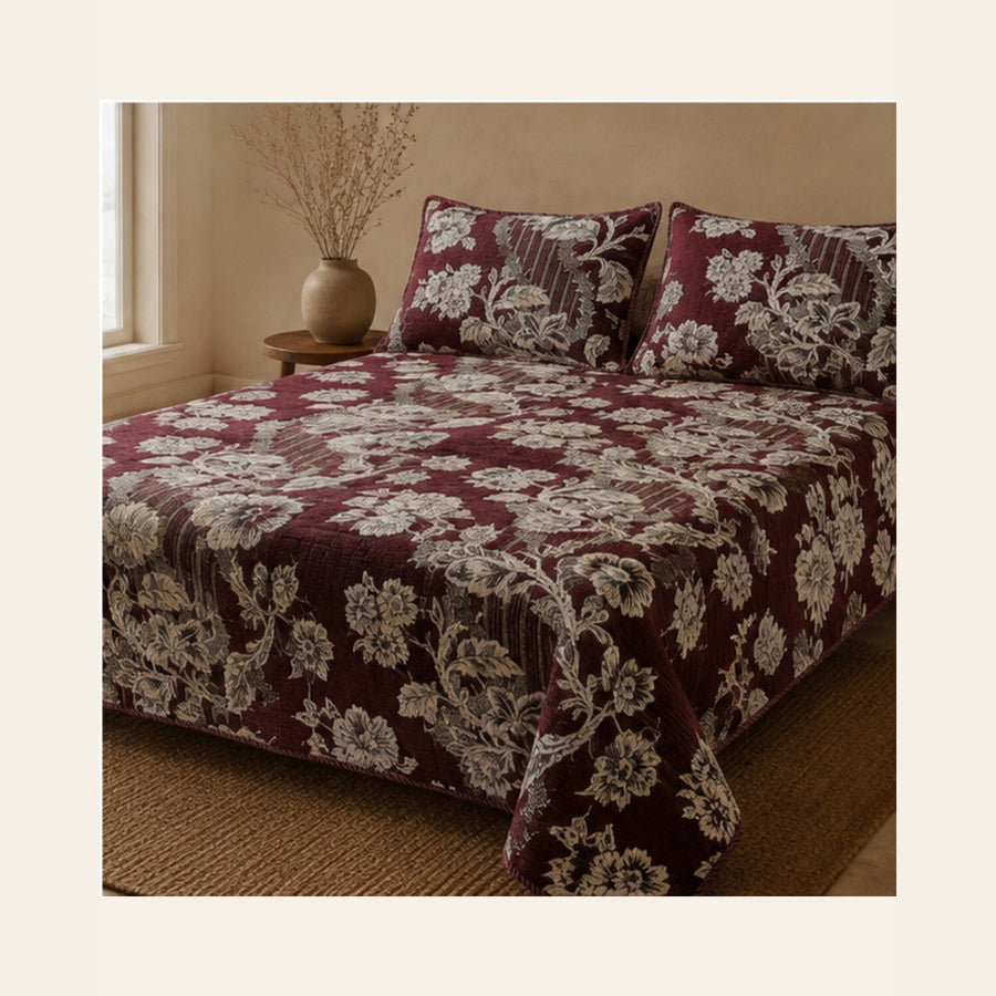Wine Maroon Botanical Stripe Velvet Jacquard Bedsheet Set – 4 Piece — lifestyle hero