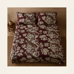 Wine Maroon Botanical Stripe Velvet Jacquard Bedsheet Set – 4 Piece — overhead view