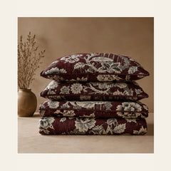 Wine Maroon Botanical Stripe Velvet Jacquard Bedsheet Set – 4 Piece — folded set
