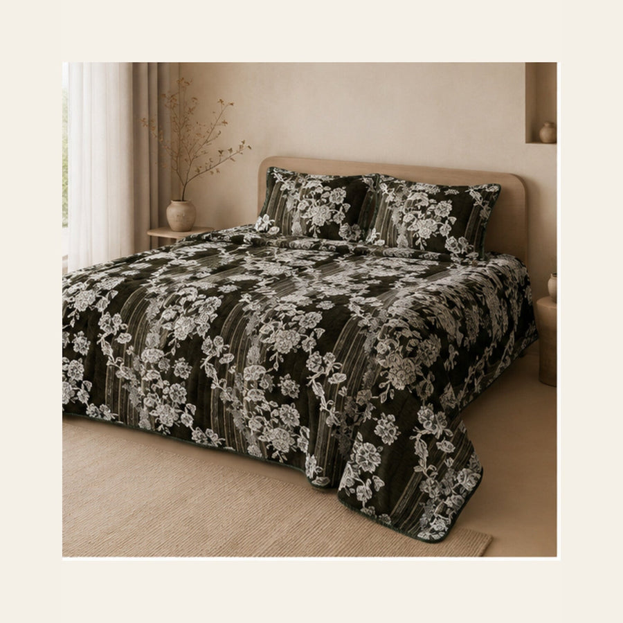 Dark Olive Botanical Stripe Velvet Jacquard Bedsheet Set – 4 Piece — lifestyle hero