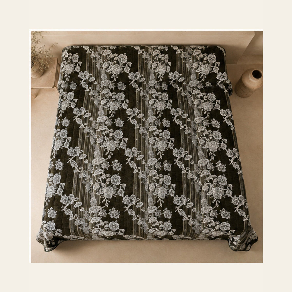 Dark Olive Botanical Stripe Velvet Jacquard Bedsheet Set – 4 Piece — overhead view