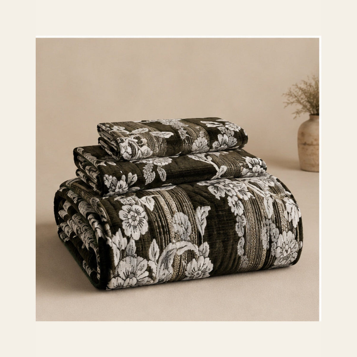 Dark Olive Botanical Stripe Velvet Jacquard Bedsheet Set – 4 Piece — folded set