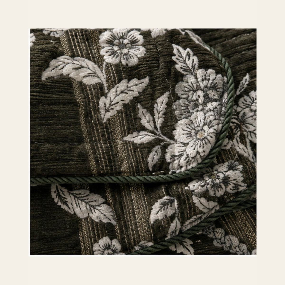 Dark Olive Botanical Stripe Velvet Jacquard Bedsheet Set – 4 Piece — velvet jacquard detail