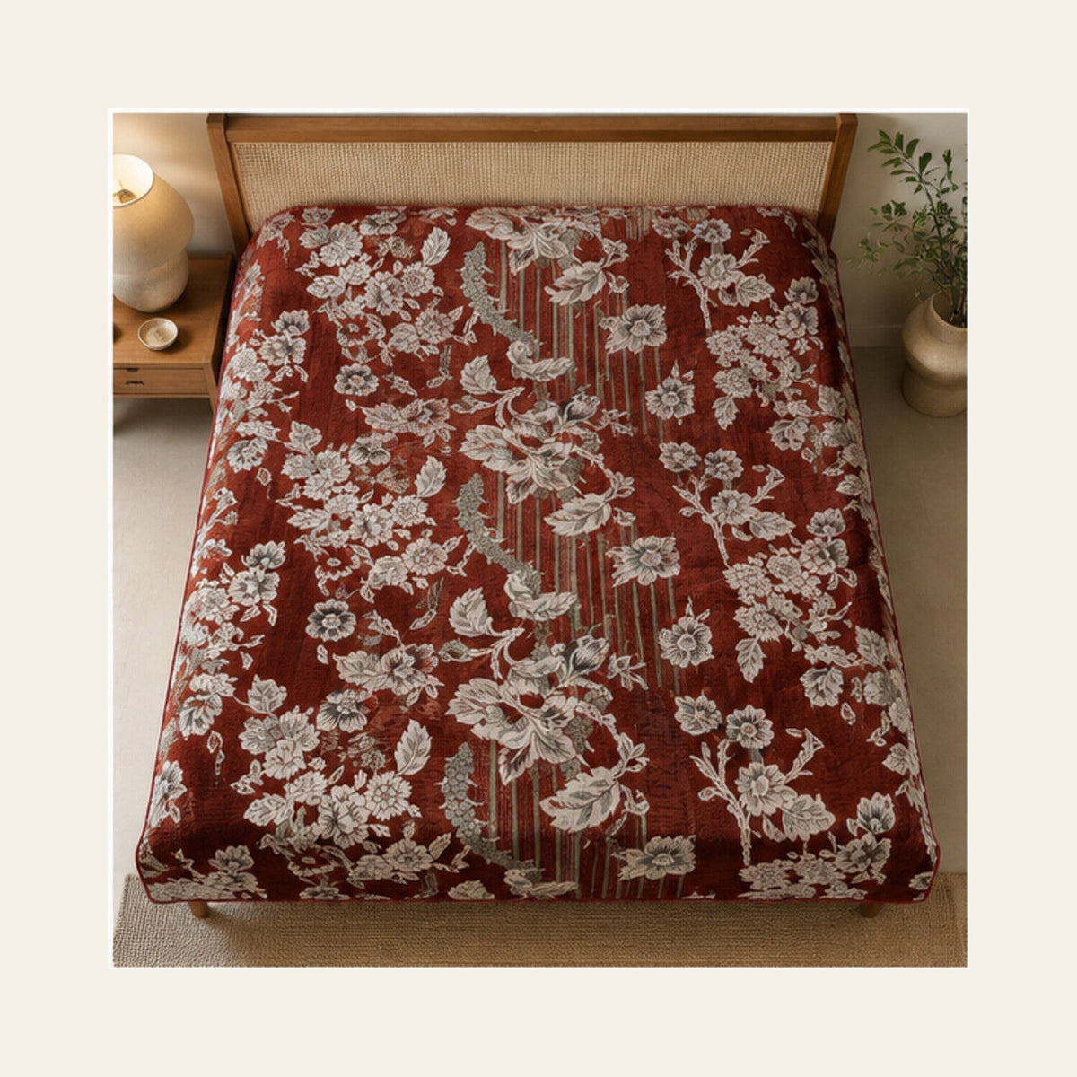 Rust Red Botanical Stripe Velvet Jacquard Bedsheet Set – 4 Piece — overhead view