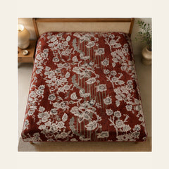 Rust Red Botanical Stripe Velvet Jacquard Bedsheet Set – 4 Piece — overhead view