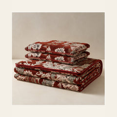 Rust Red Botanical Stripe Velvet Jacquard Bedsheet Set – 4 Piece — folded set