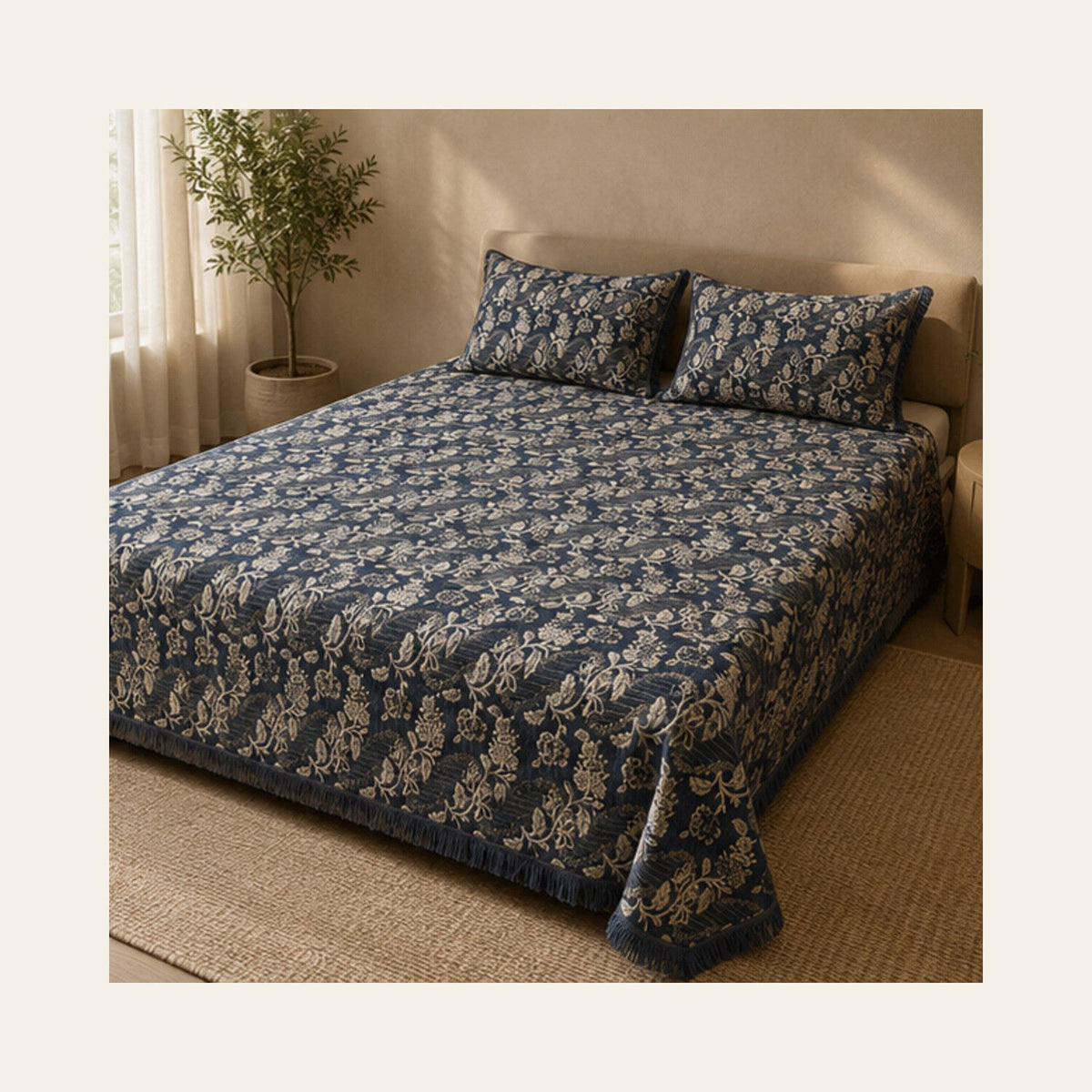 Slate Blue Botanical Stripe Velvet Jacquard Bedsheet Set – 4 Piece — lifestyle hero