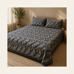 Slate Blue Botanical Stripe Velvet Jacquard Bedsheet Set – 4 Piece — lifestyle hero