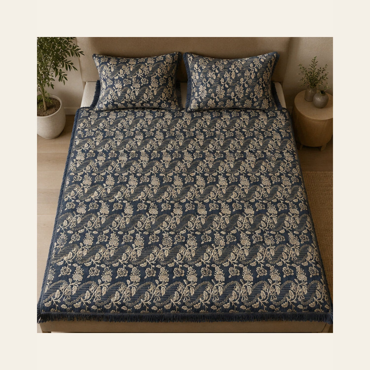 Slate Blue Botanical Stripe Velvet Jacquard Bedsheet Set – 4 Piece — overhead view