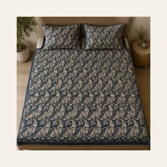 Slate Blue Botanical Stripe Velvet Jacquard Bedsheet Set – 4 Piece — overhead view