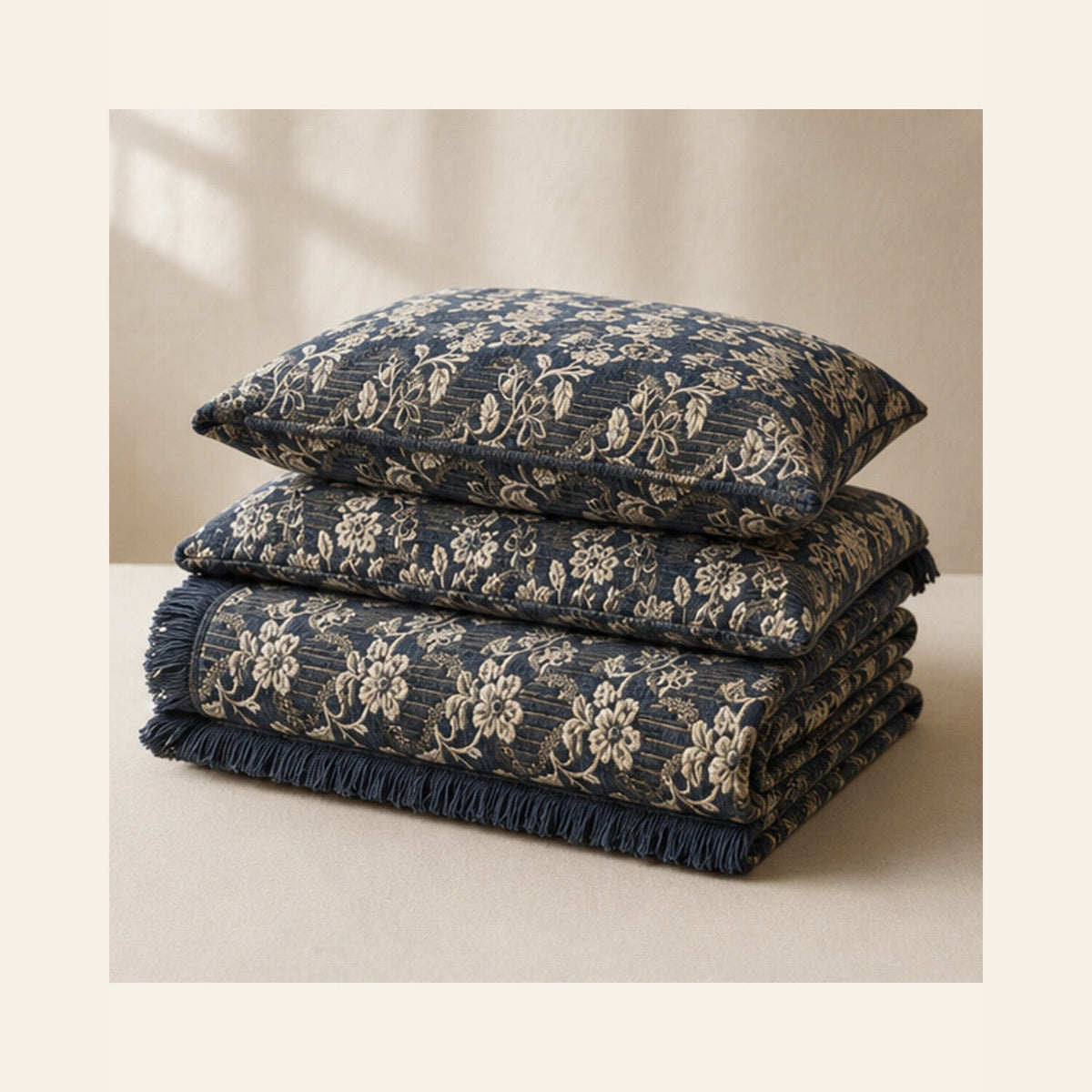 Slate Blue Botanical Stripe Velvet Jacquard Bedsheet Set – 4 Piece — folded set