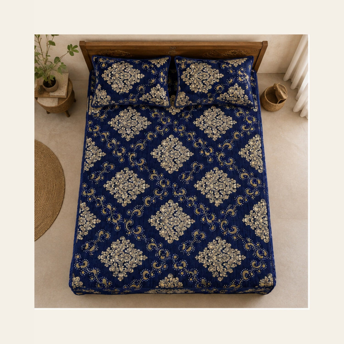 Royal Blue Imperial Medallion Velvet Jacquard Bedsheet Set – 4 Piece — overhead view
