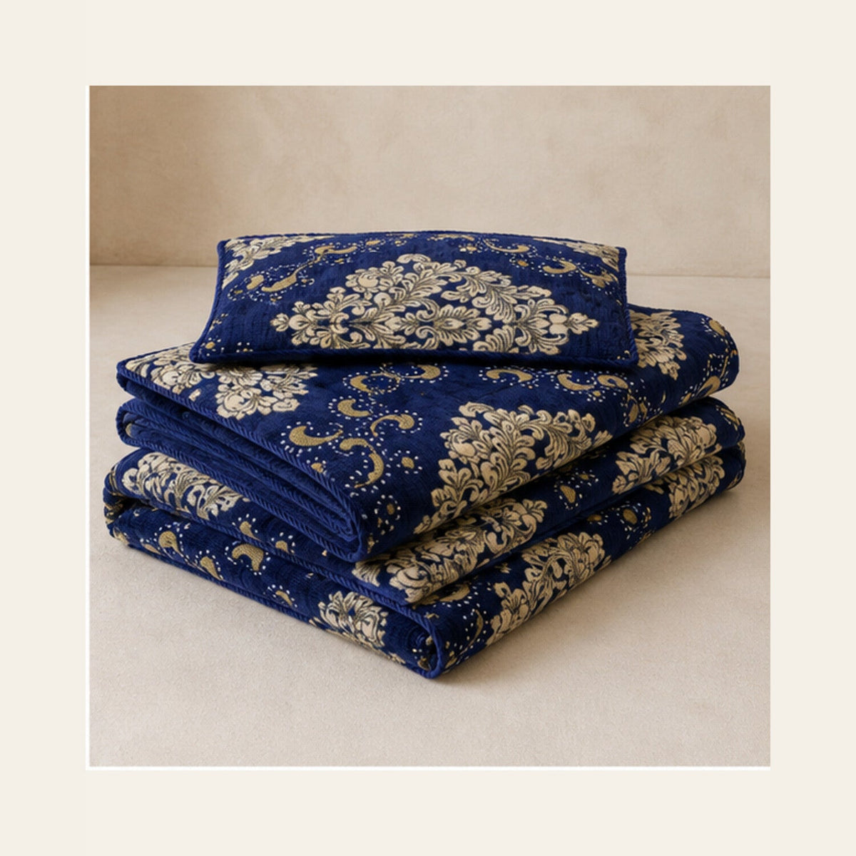 Royal Blue Imperial Medallion Velvet Jacquard Bedsheet Set – 4 Piece — folded set