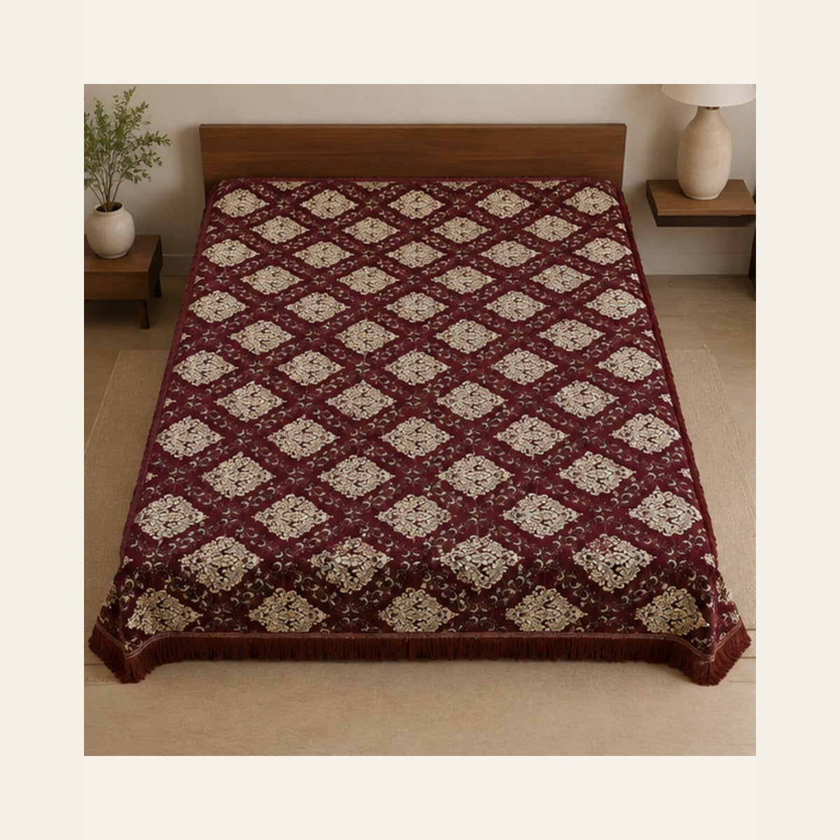 Burgundy Imperial Medallion Velvet Jacquard Bedsheet Set – 4 Piece — overhead view