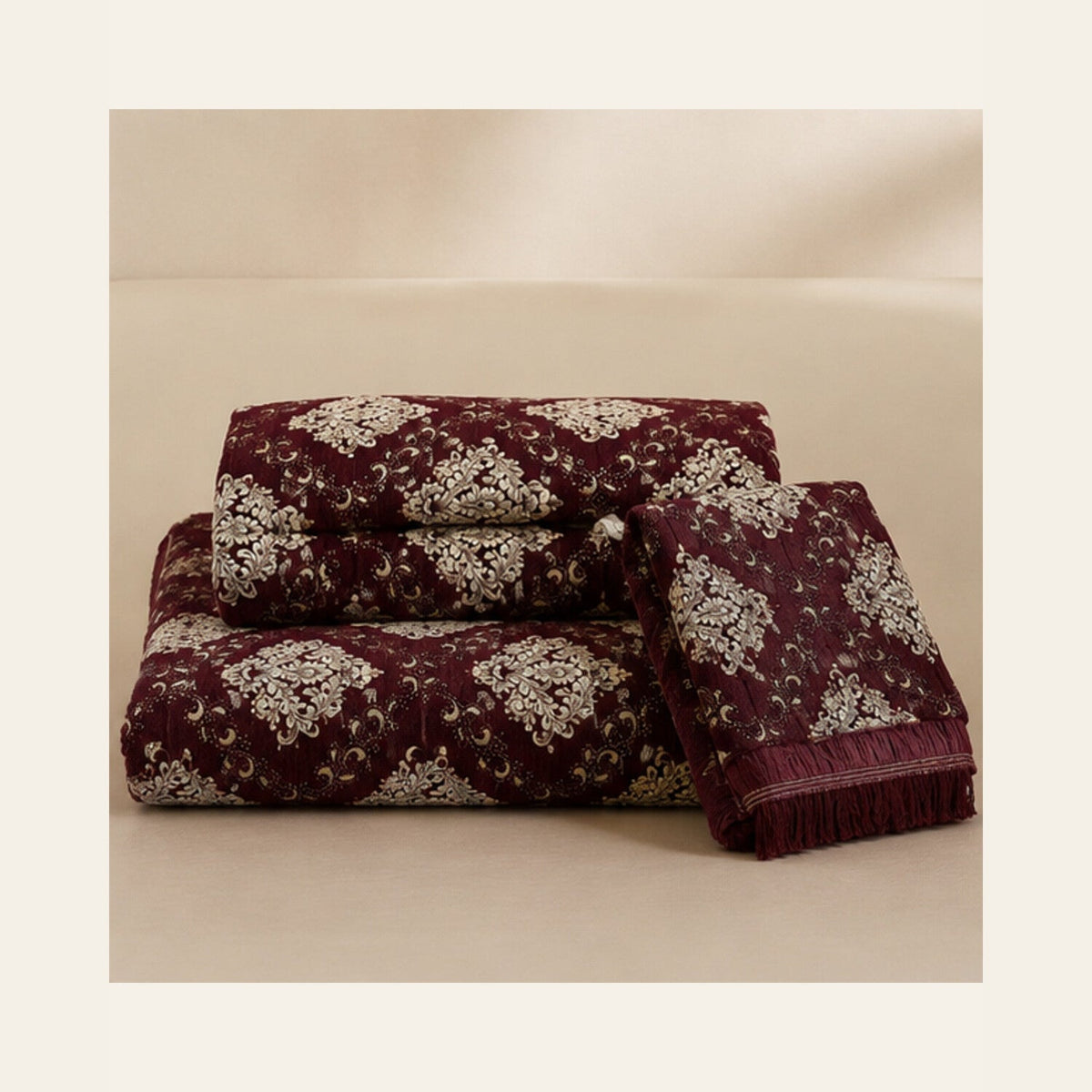 Burgundy Imperial Medallion Velvet Jacquard Bedsheet Set – 4 Piece — folded set