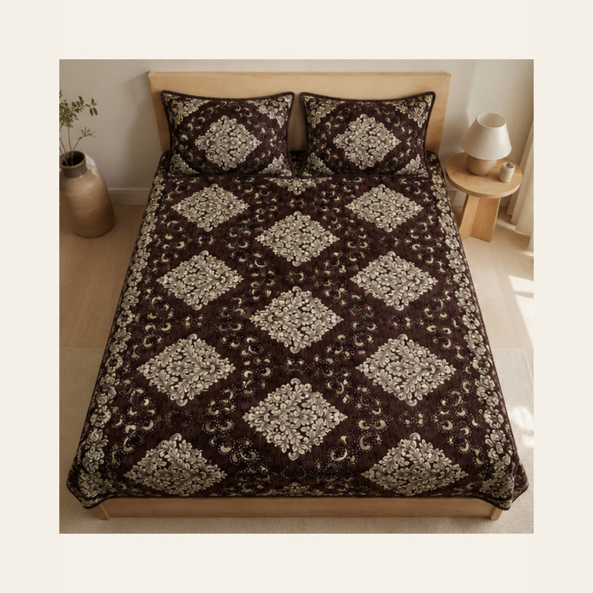 Cocoa Brown Imperial Medallion Velvet Jacquard Bedsheet Set – 4 Piece — overhead view