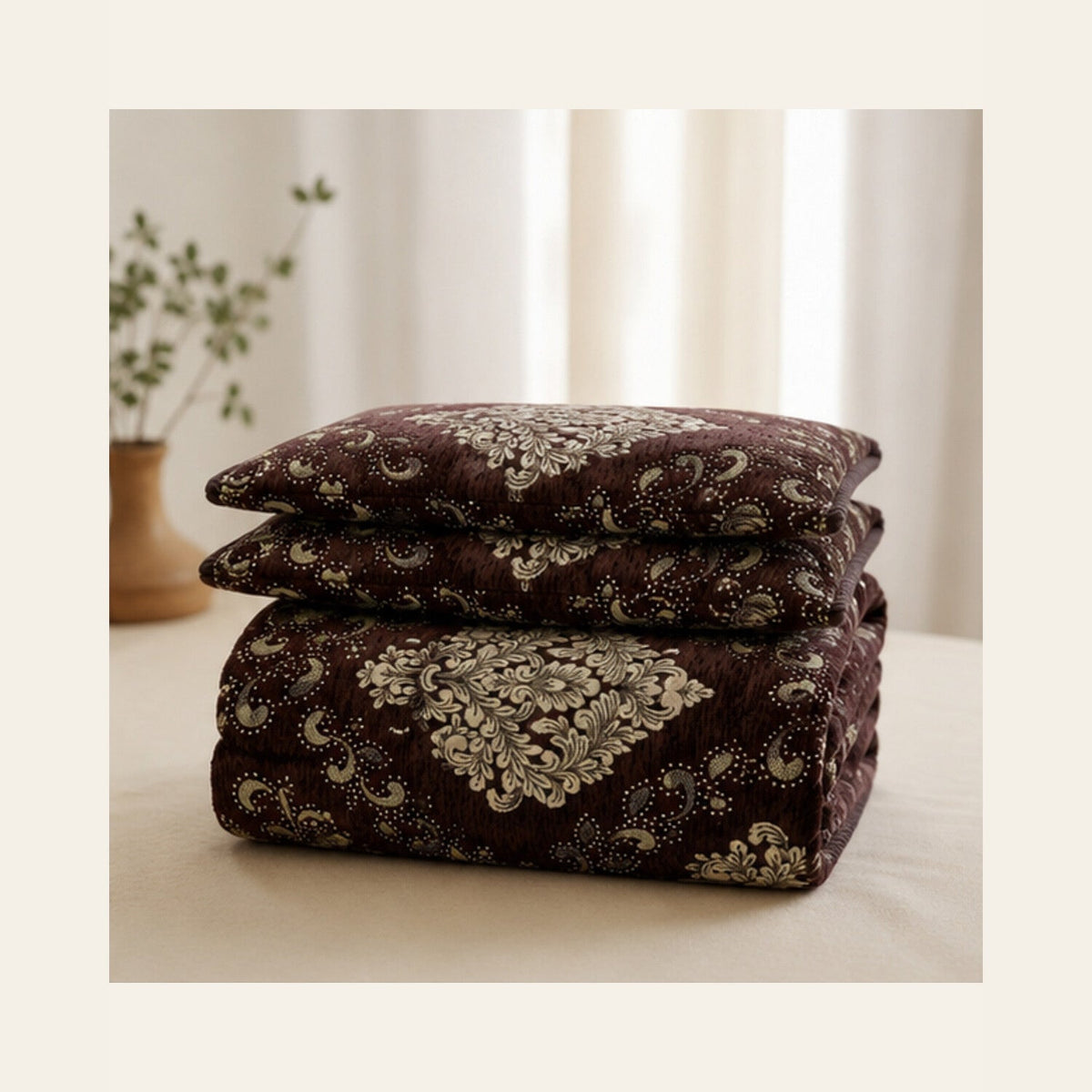 Cocoa Brown Imperial Medallion Velvet Jacquard Bedsheet Set – 4 Piece — folded set