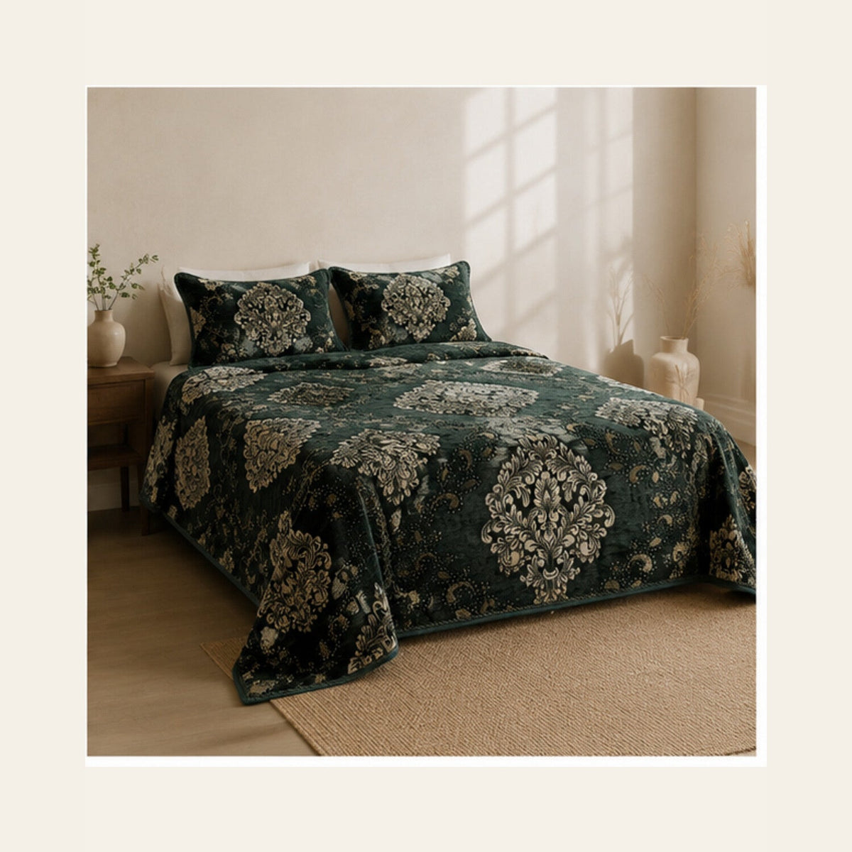 Forest Green Imperial Medallion Velvet Jacquard Bedsheet Set – 4 Piece — lifestyle hero