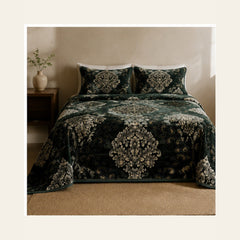Forest Green Imperial Medallion Velvet Jacquard Bedsheet Set – 4 Piece — overhead view