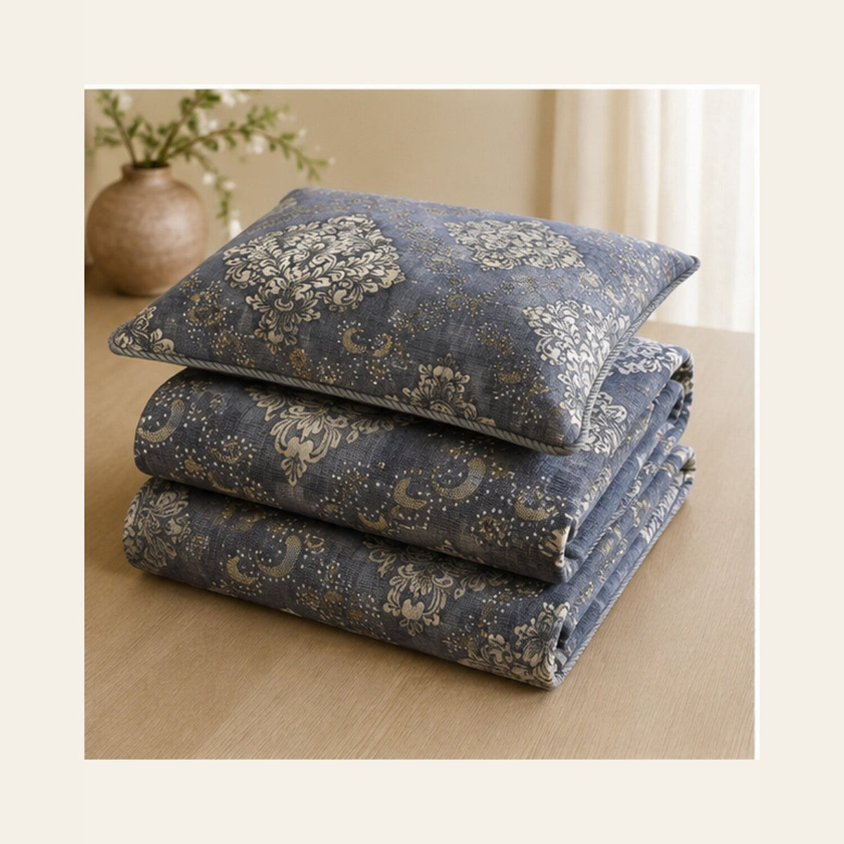 Smoke Grey Imperial Medallion Velvet Jacquard Bedsheet Set – 4 Piece — folded set