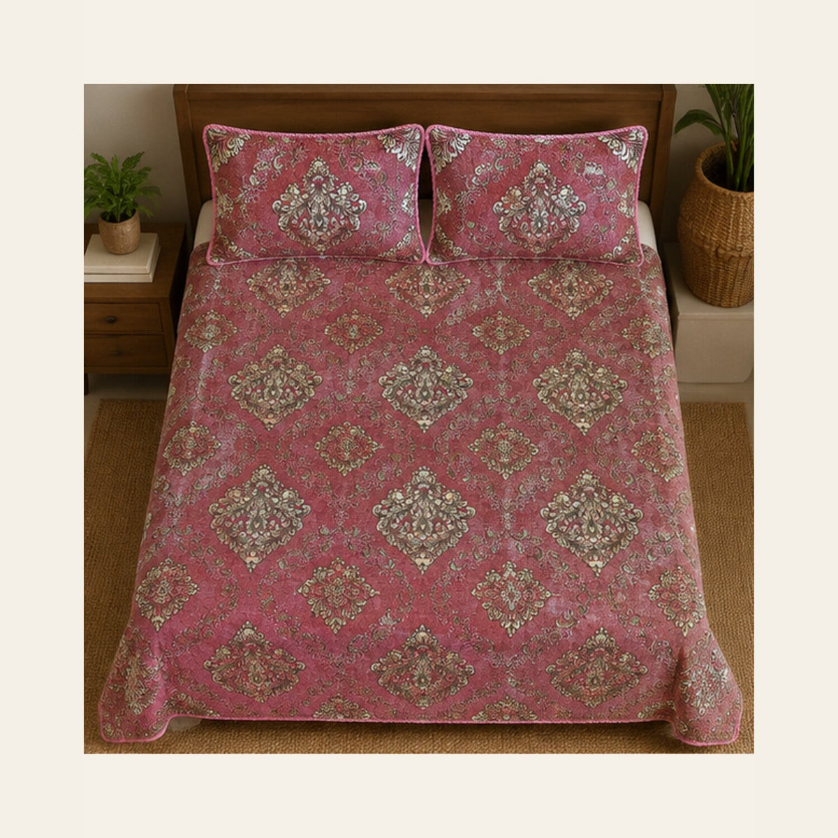 Rose Imperial Medallion Velvet Jacquard Bedsheet Set – 4 Piece — overhead view