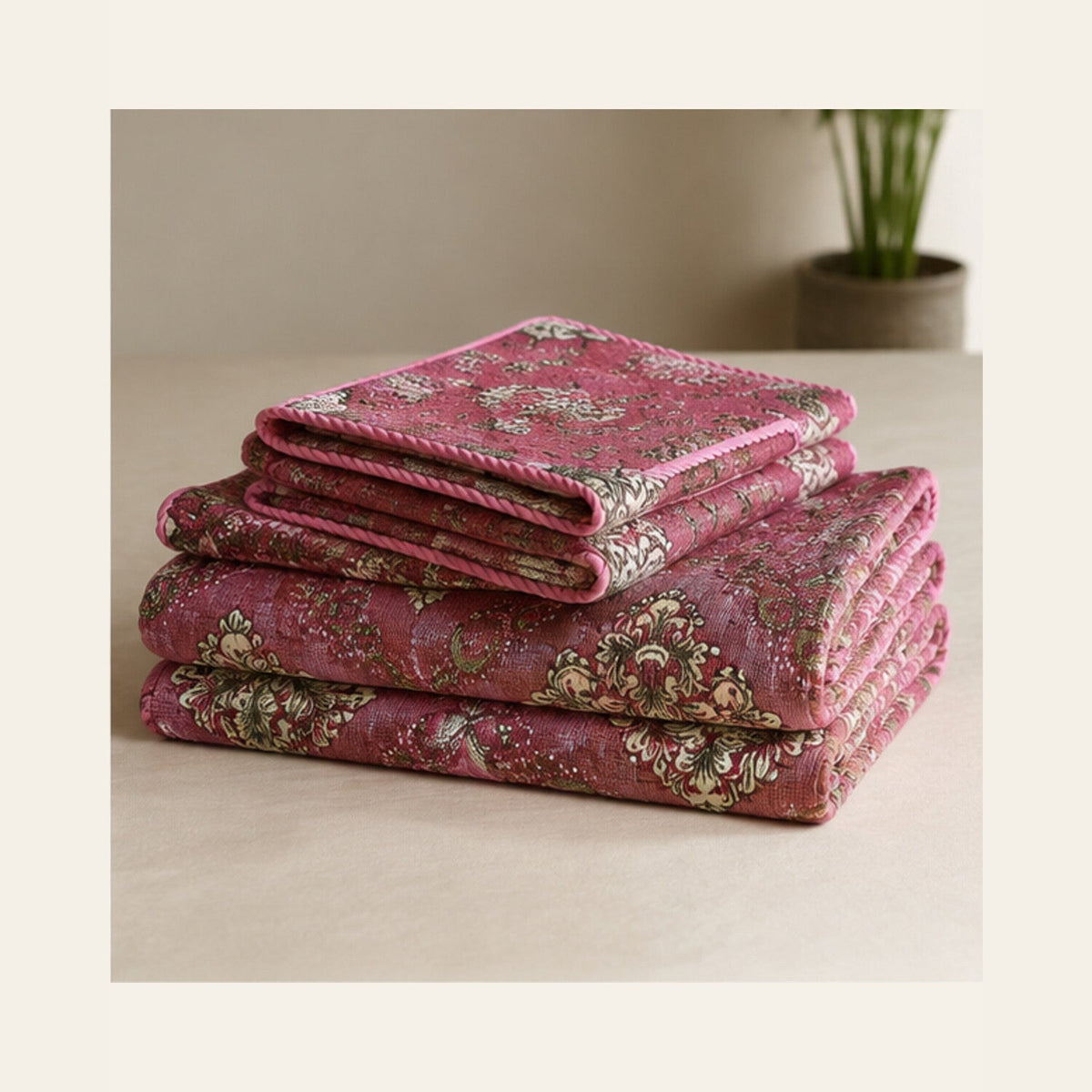 Rose Imperial Medallion Velvet Jacquard Bedsheet Set – 4 Piece — folded set