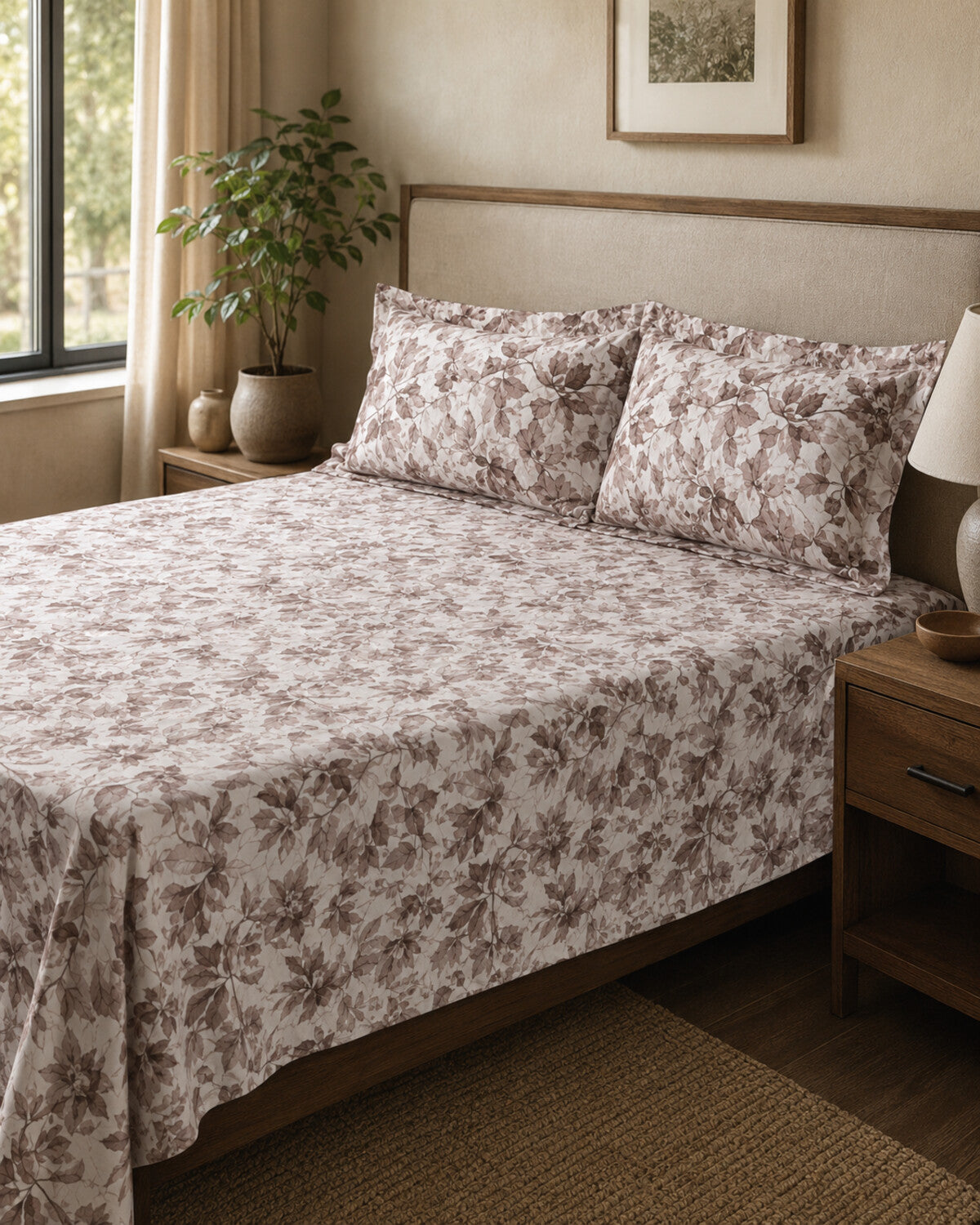 Taupe Canopy Cotton Bedsheet Set in a warm bedroom – lifestyle view