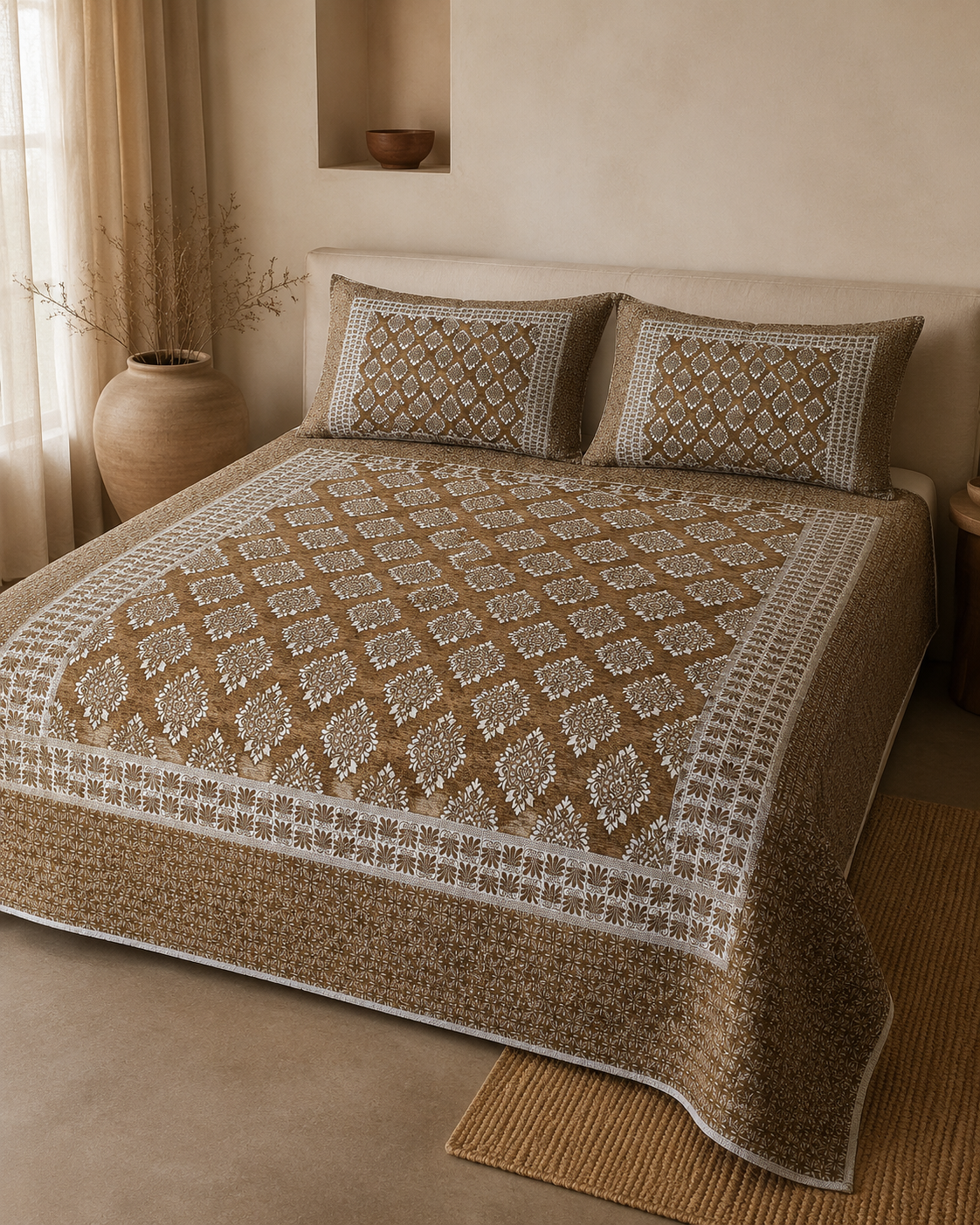 Taupe Diamond Lattice Velvet Jacquard Bedsheet Set – 4 Piece